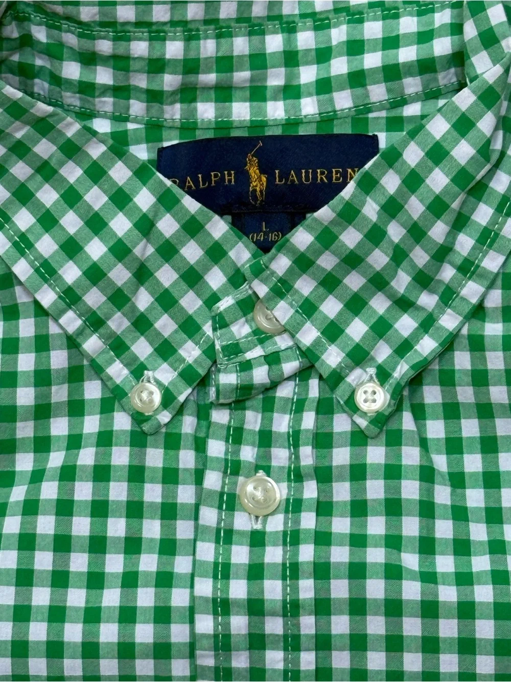 Polo Ralph Lauren Green Gingham Short Sleeve Button Down Shirt Boys L 14-16